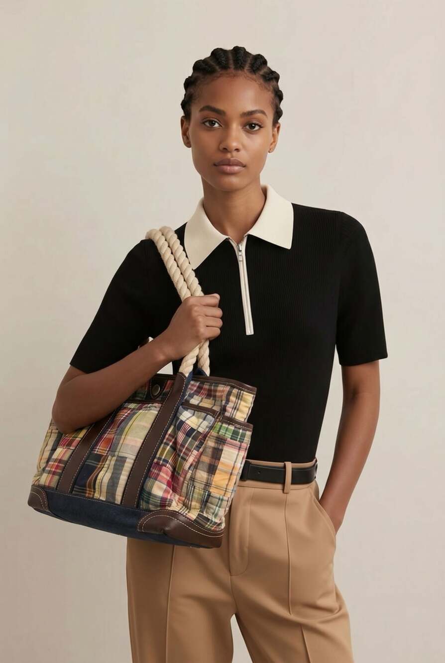 J.Crew Patchwork Madras Rope Handle Tote Bag with Leather Trim